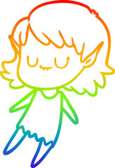 rainbow gradient line drawing of a happy cartoon elf girl