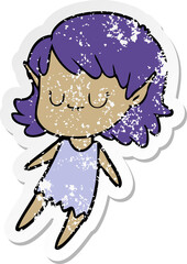 distressed sticker of a happy cartoon elf girl
