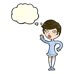 cartoon pretty woman waving with thought bubble
