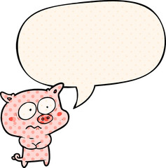 cartoon nervous pig with speech bubble in comic book style