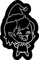 quirky cartoon icon of a laughing vampire girl wearing santa hat