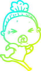 cold gradient line drawing of a cartoon angry old woman