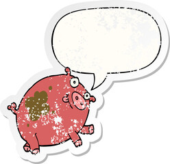 cartoon pig with speech bubble distressed distressed old sticker
