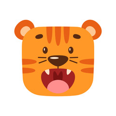 Obraz premium A cartoon tiger yawns. Kawaii illustration of wild animal face. Simple clipart for children's design.