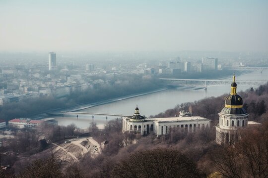 Scenic view of the city of Kyiv in Ukraine from a distance. Generative AI