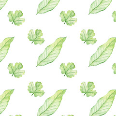 Pattern of watercolor green leaves elements.Botanical pattern solated on white background suitable for Wedding Invitation, save the date, thank you, or greeting card.