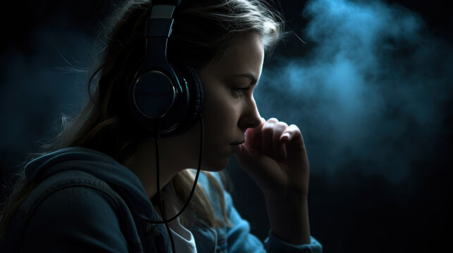 A beautiful girl in headphones listens to music, enjoying it created with generative AI technology
