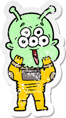 distressed sticker of a happy cartoon alien