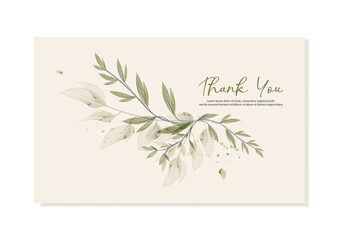 Thank you card with vector green watercolor leaves. Vector template.
