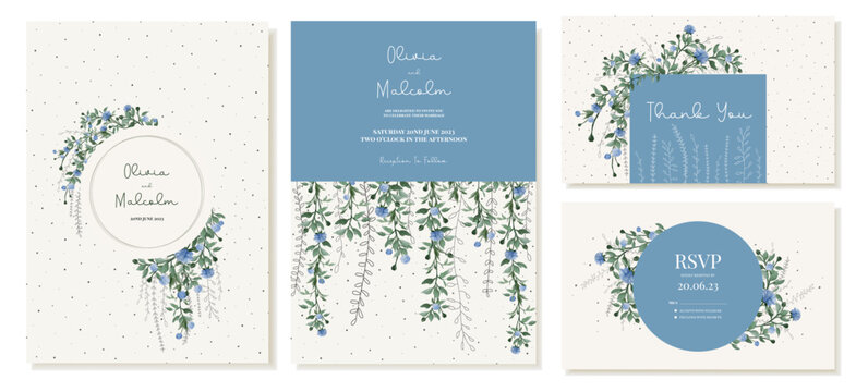 Rustic wedding invitation, thank you card and RSVP templates with dangling vines, leaves and blue flowers in natural colors. Vector
