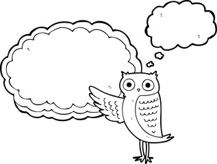 freehand drawn thought bubble cartoon owl pointing