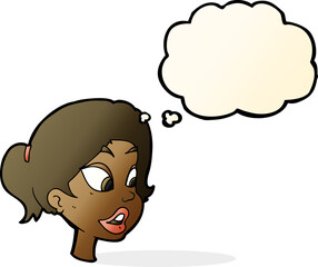 cartoon friendly woman with thought bubble