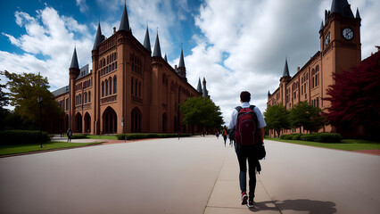 a college student walking towards a university building