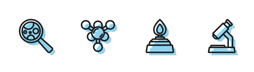 Set line Alcohol or spirit burner, Microorganisms under magnifier, Molecule and Microscope icon. Vector