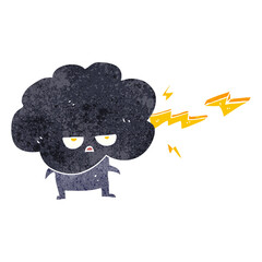 freehand drawn retro cartoon raincloud character shooting lightning