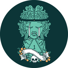 icon of crying orc barbarian character face with natural one D20 roll