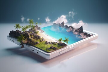 White screen smartphone on island illustration. Generative AI