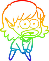 rainbow gradient line drawing of a cartoon shocked elf girl