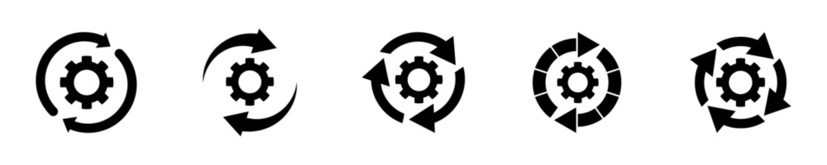 Set of workflow process vector icons. Gear with circle arrow. Motion gear. Setting icon. Return mechanism.