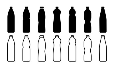 Set of plastic bottle vector icons on white background. Black silhouette of plastic bottle with cap. Vector 10 Eps.