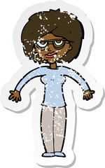 retro distressed sticker of a cartoon woman shrugging shoulders
