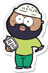 sticker of a cartoon bearded man with clipboard and pen