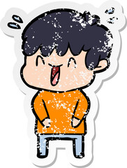 distressed sticker of a cartoon laughing boy