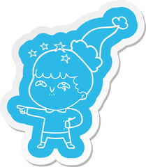quirky cartoon  sticker of a amazed boy wearing santa hat