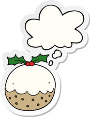 cartoon christmas pudding with thought bubble as a printed sticker