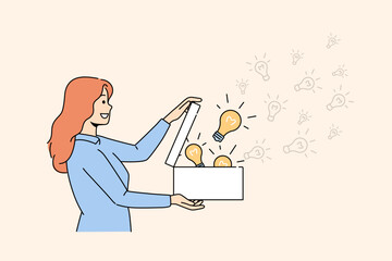 Smiling woman open box full of lightbulbs generate creative business ideas. Happy female share innovative thoughts. Innovation concept. Vector illustration. 