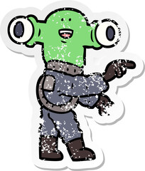 distressed sticker of a friendly cartoon alien pointing