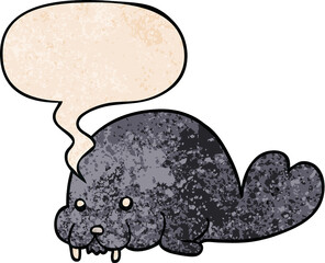 cute cartoon walrus with speech bubble in retro texture style