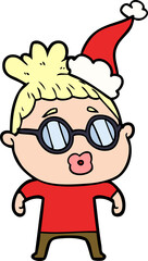 hand drawn line drawing of a woman wearing spectacles wearing santa hat