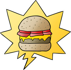 cartoon stacked burger with speech bubble in smooth gradient style