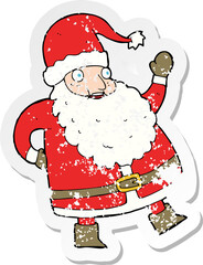 retro distressed sticker of a funny waving santa claus cartoon