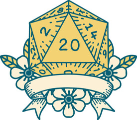 Retro Tattoo Style natural 20 critical hit D20 dice roll