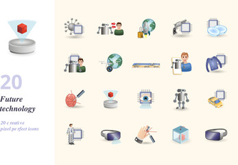 Future technology set. Creative icons: nanobot, cyborg, space tourism, hi-tech weapon, nano contact lenses, cybernetics, space drones, personal robot, smart clothing, optogenetics, holographic, bionic
