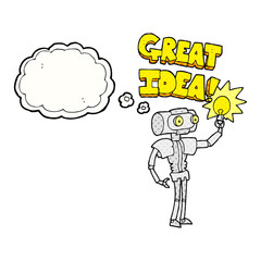 freehand drawn thought bubble cartoon robot with great idea