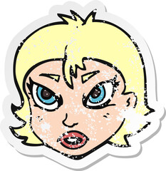 retro distressed sticker of a cartoon angry female face