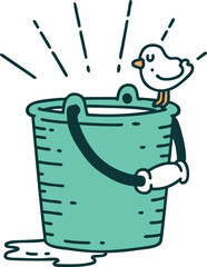 illustration of a traditional tattoo style bird perched on bucket of water © lineartestpilot