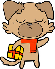 cute cartoon dog with christmas present
