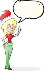freehand drawn speech bubble cartoon woman wearing santa hat