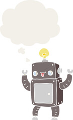 Naklejka premium cartoon happy robot with thought bubble in retro style
