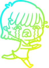 cold gradient line drawing of a cartoon girl crying