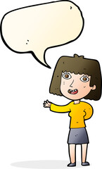 cartoon friendly woman waving with speech bubble