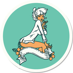 sticker of tattoo in traditional style of a pinup girl wearing a shirt with banner