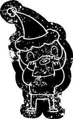 quirky cartoon distressed icon of a bearded man wearing santa hat