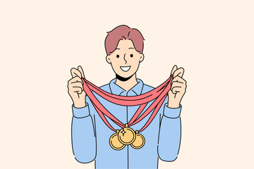 Smiling sportsman with numerous golden medals on neck. Happy man athlete with gold prize. Sport and achievement. Vector illustration. 