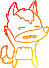 warm gradient line drawing of a cartoon wolf waving showing teeth