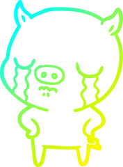 cold gradient line drawing of a cartoon pig crying with hands on hips